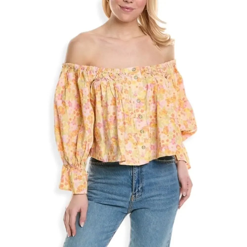 Free People Smocked Crop Top Off Shoulder Floral Button Front Multicolor W S NWT